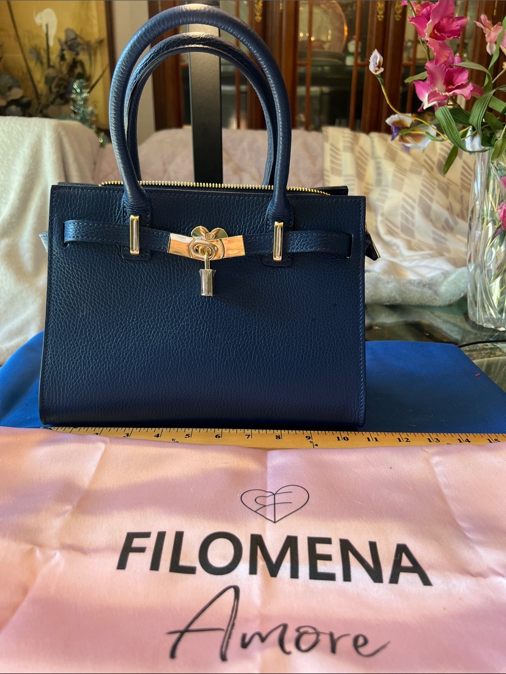 Filomena Navy Leather Top-Handle Satchel with Gold Hardware